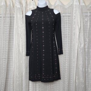 WHBM Black Long Sleeve Mini Dress W/ Keyhole Priest Collar & Cold Shoulder SzXXS